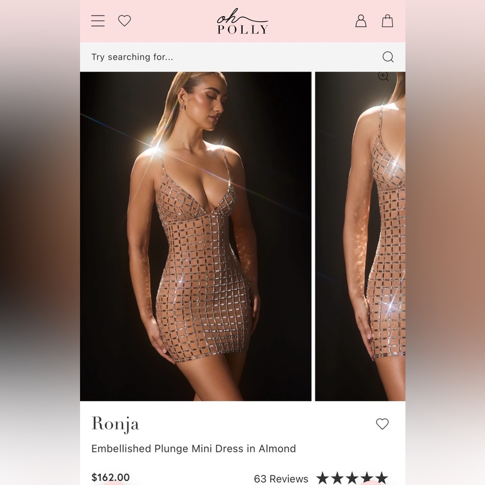 Oh Polly Ronja Embellished Plunge Mini Dress in Almond